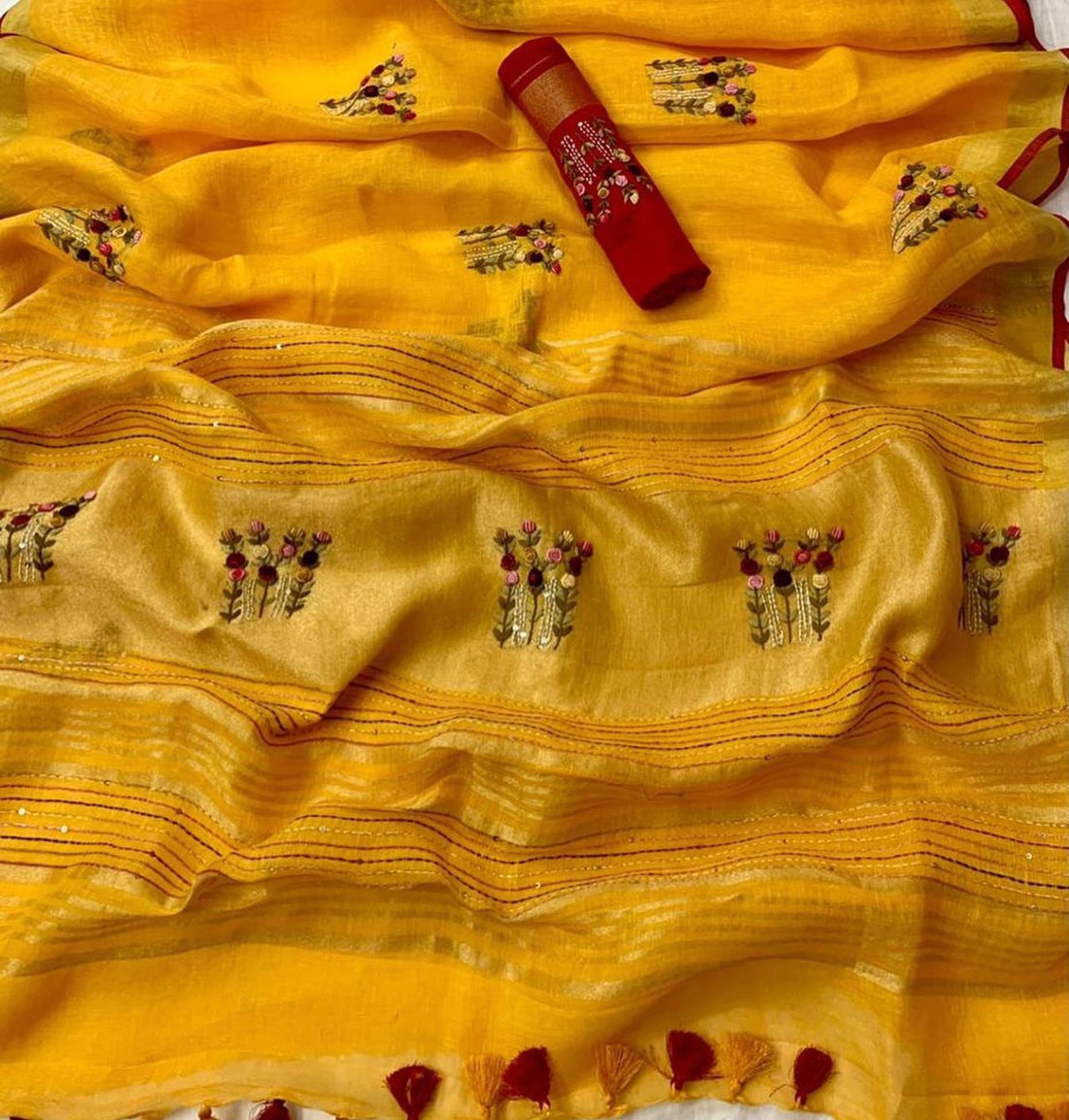 Pure Handloom Linen By Linen French Knot Embroidery Saree