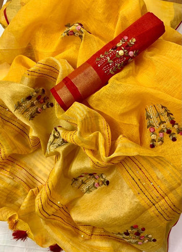 Pure Handloom Linen By Linen French Knot Embroidery Saree