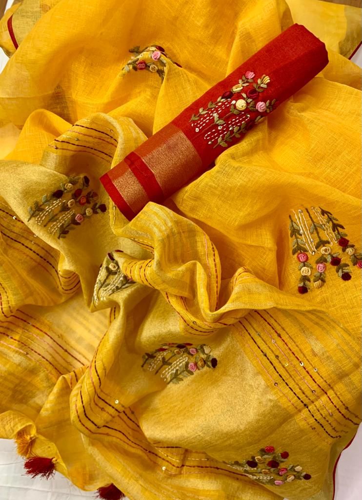 Pure Handloom Linen By Linen French Knot Embroidery Saree