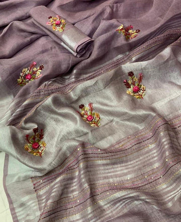 Pure Handloom Linen By Linen Embroidery Saree