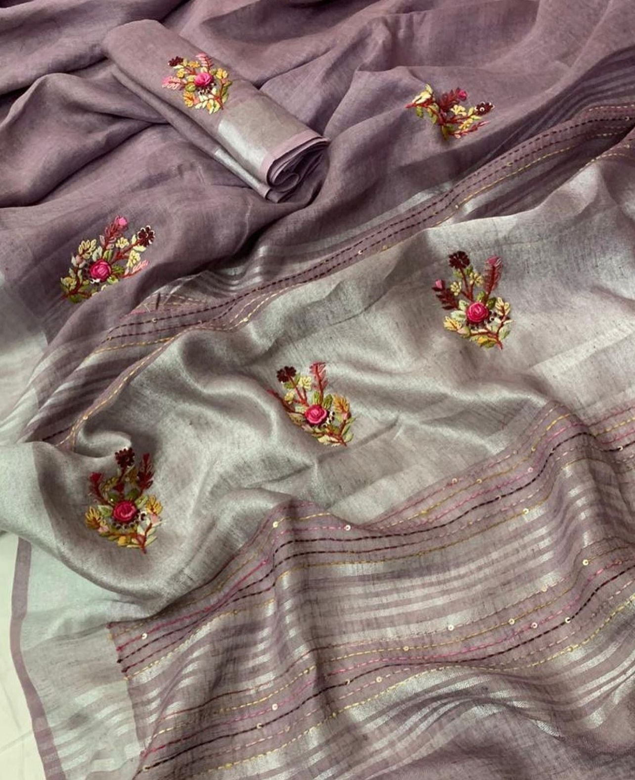 Pure Handloom Linen By Linen Embroidery Saree