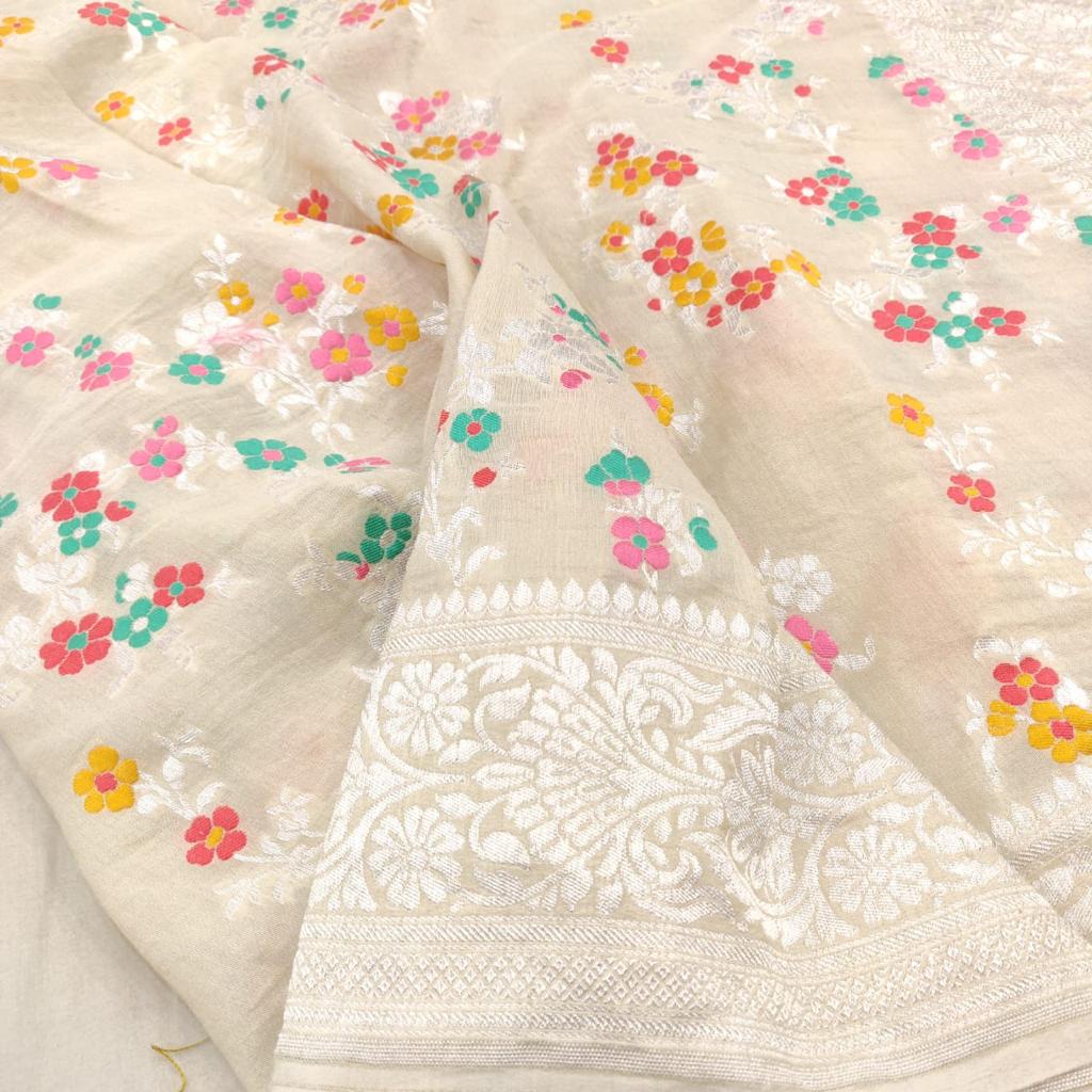 Pure Tussar Banarasi Silk Saree With All Over Zari Meenakari Work