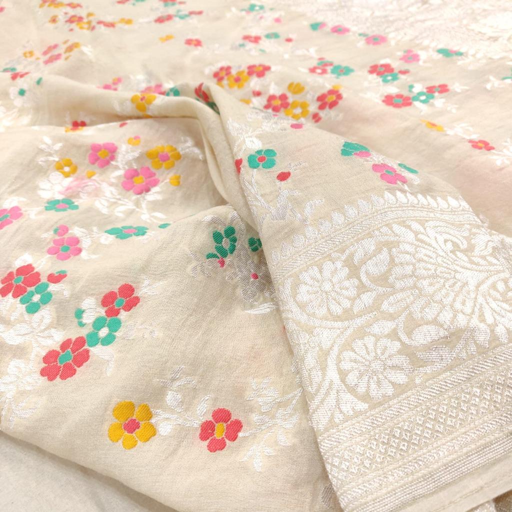 Pure Tussar Banarasi Silk Saree With All Over Zari Meenakari Work