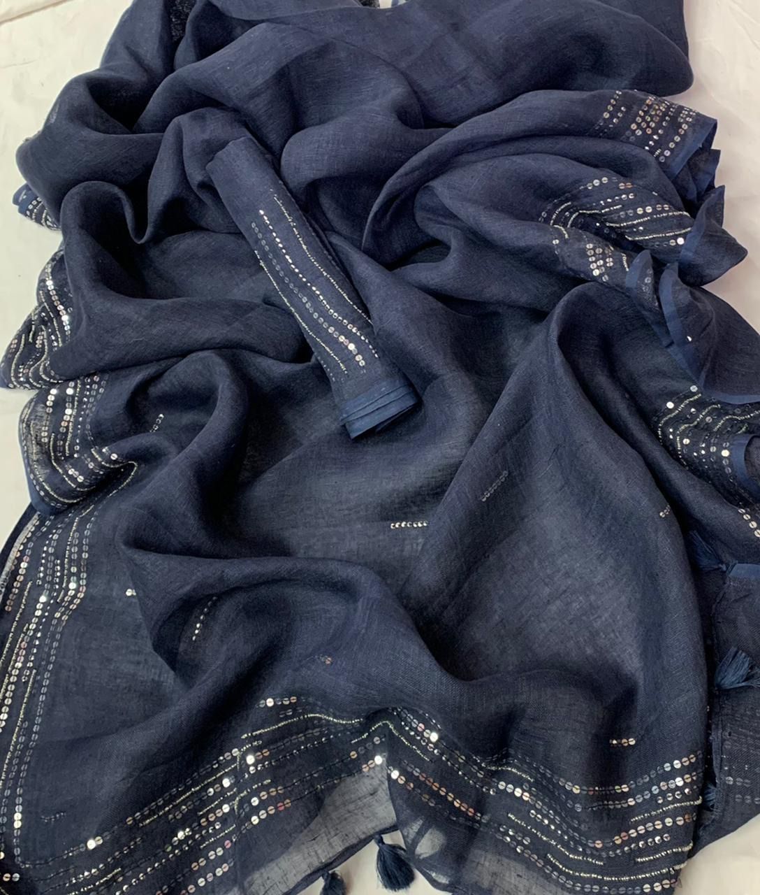 Pure Linen By Linen Saree With All Over Sequins Work