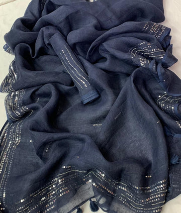 Pure Linen By Linen Saree With All Over Sequins Work