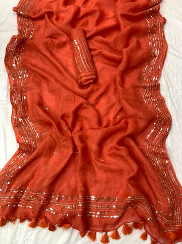 Pure Handloom Linen By Linen Sequins Work Saree