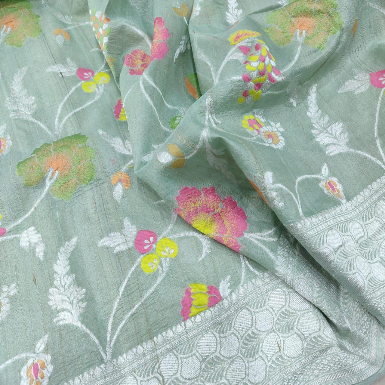 Pure Handloom Tussar Georgette Silk Banarasi Saree With Multicolour Resham Meenakari Motifs Weaveo