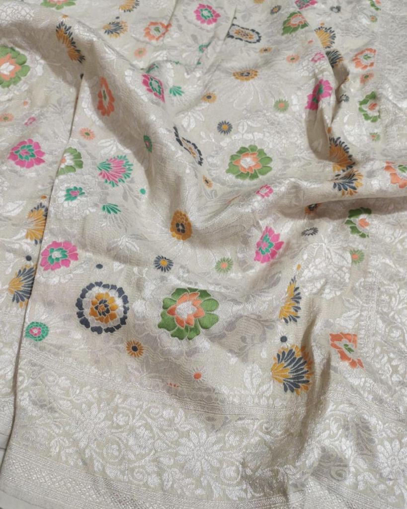 Pure Handloom Tussar Georgette Banarasi Saree With Meenakari Resham Zari WeaveAll Over