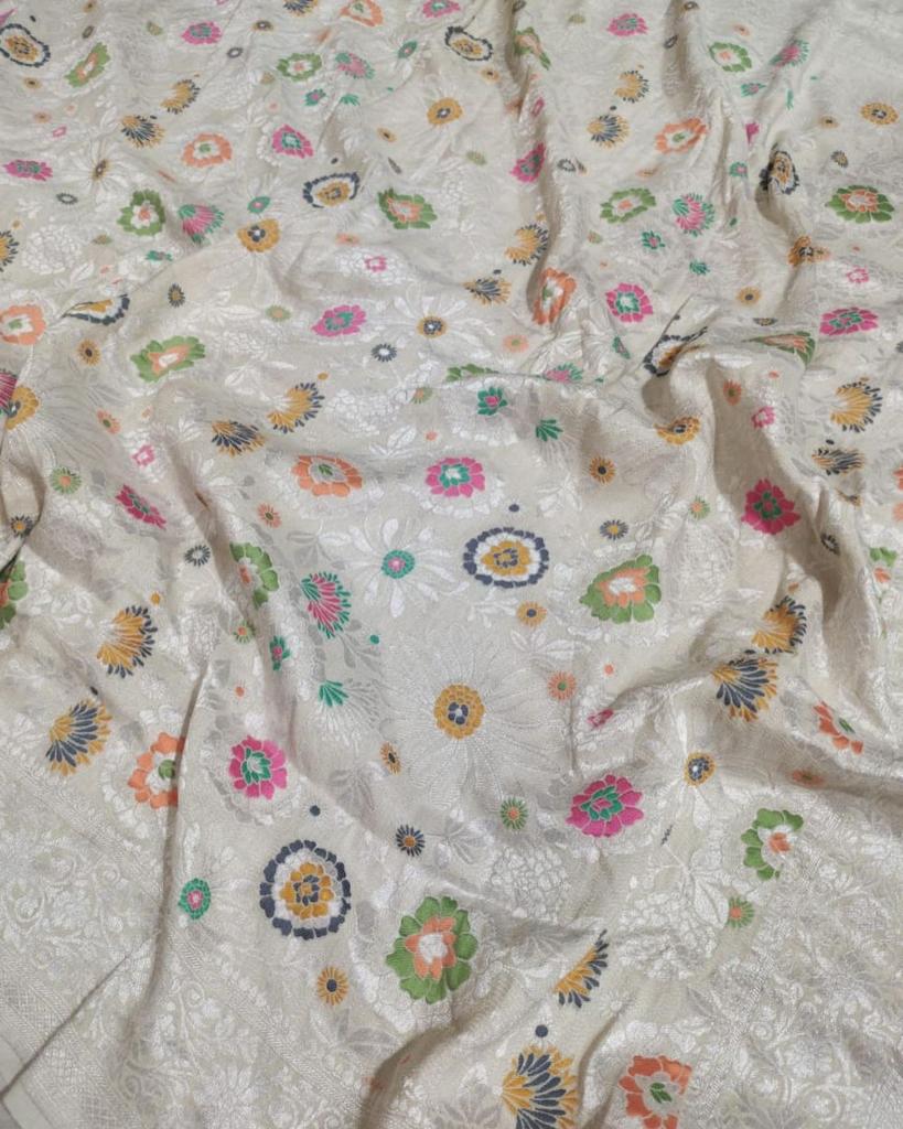 Pure Handloom Tussar Georgette Banarasi Saree With Meenakari Resham Zari WeaveAll Over