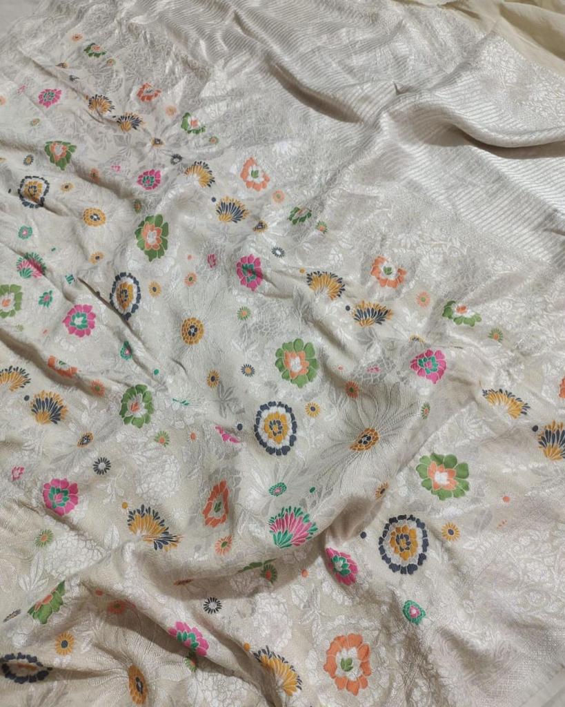 Pure Handloom Tussar Georgette Banarasi Saree With Meenakari Resham Zari WeaveAll Over