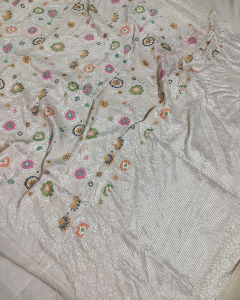 Pure Handloom Tussar Georgette Banarasi Saree With Meenakari Resham Zari WeaveAll Over
