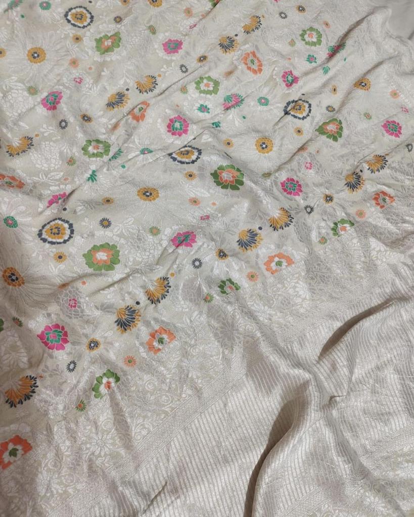 Pure Handloom Tussar Georgette Banarasi Saree With Meenakari Resham Zari WeaveAll Over