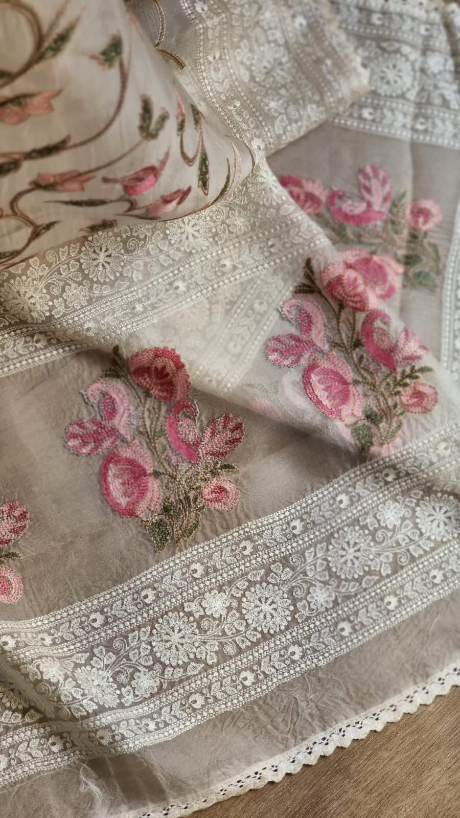 Pure Organza Silk Saree With Katha Machine Chikankari , Border with velvet lace