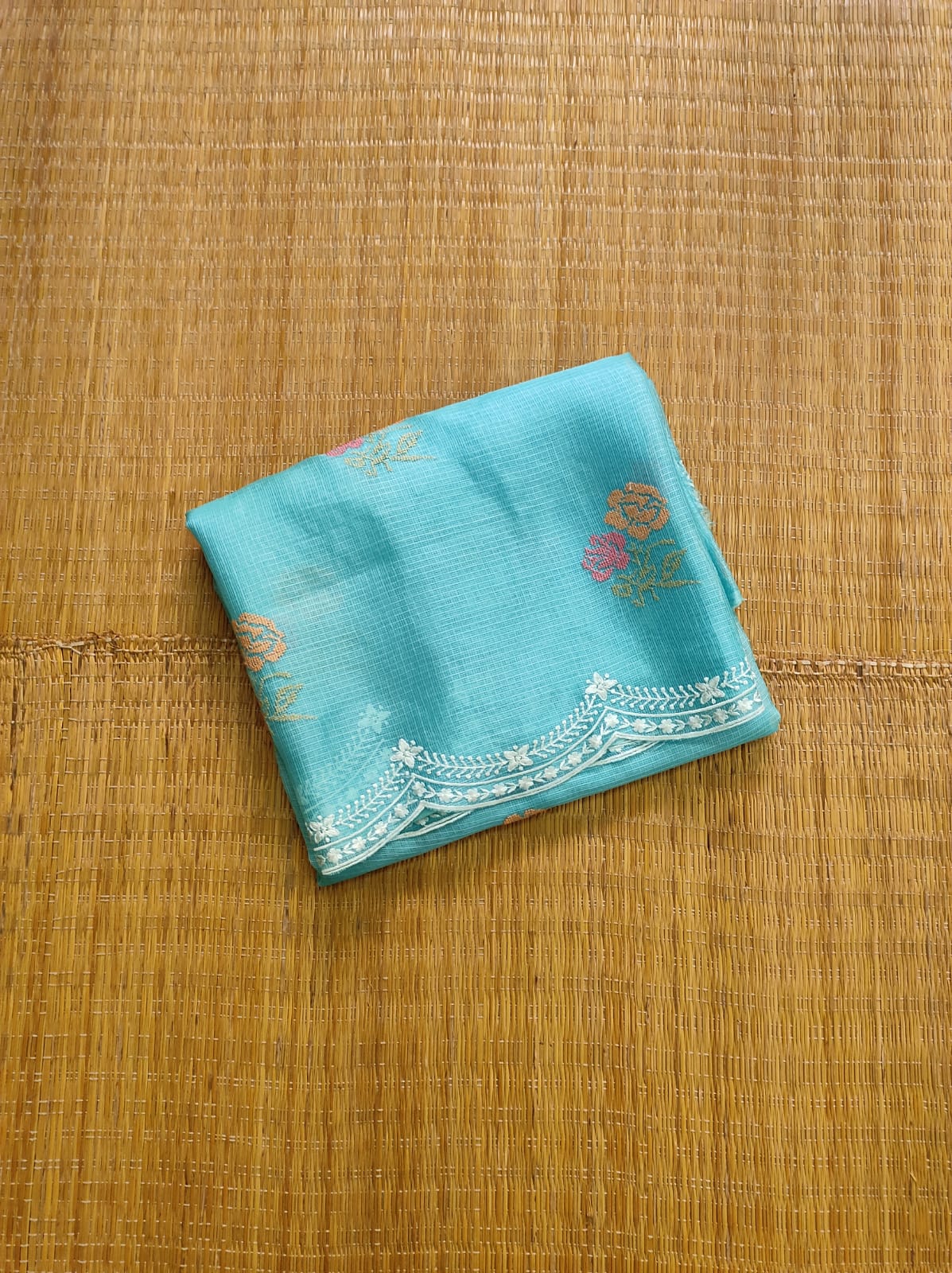 Pure Tusser Kota Silk Saree With Cross-Stitch Buta Embroidery All Over