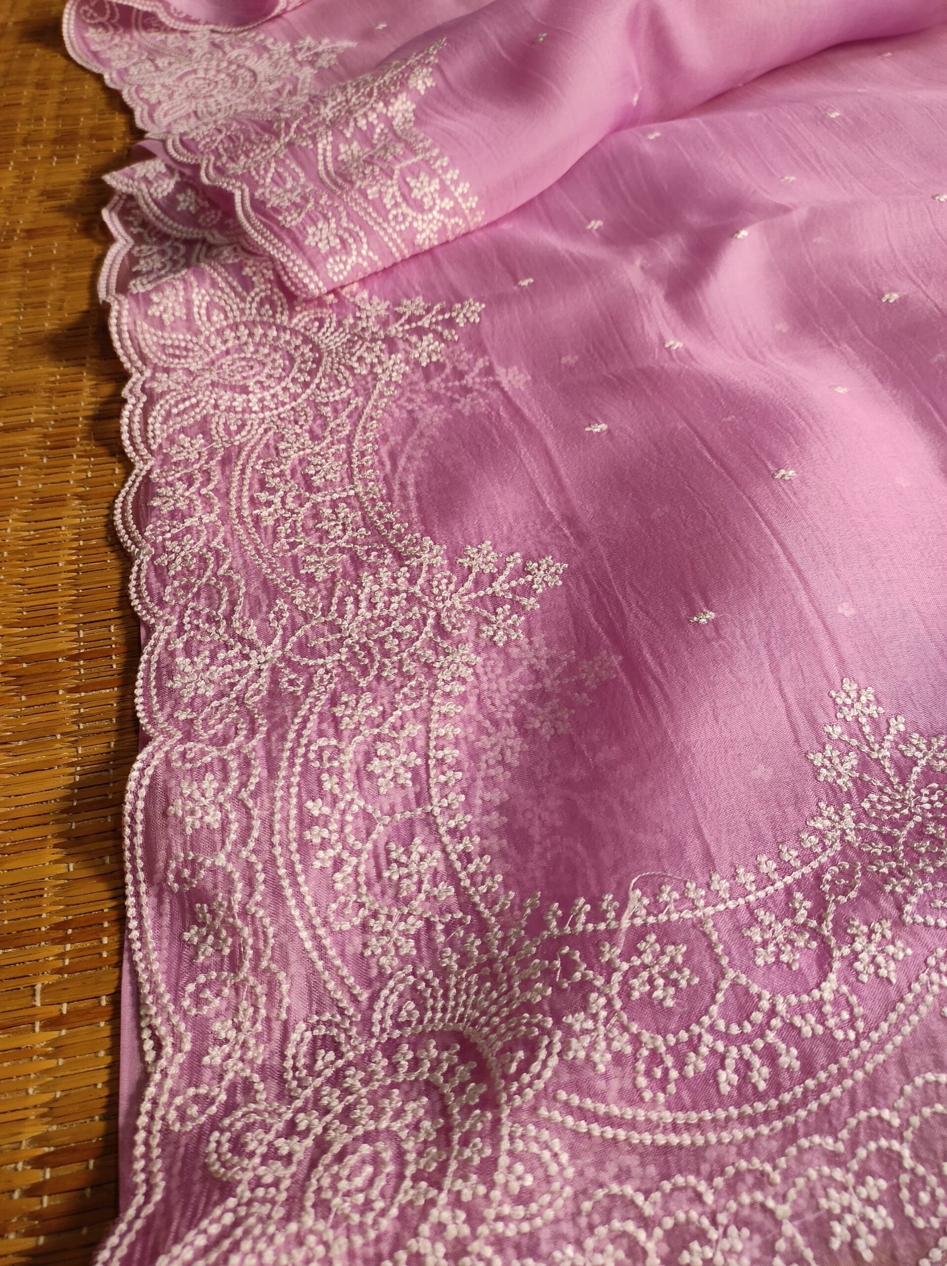 Pure Organza Silk Saree With Pearl Style Scallop Edging Embroidery Work All Over
