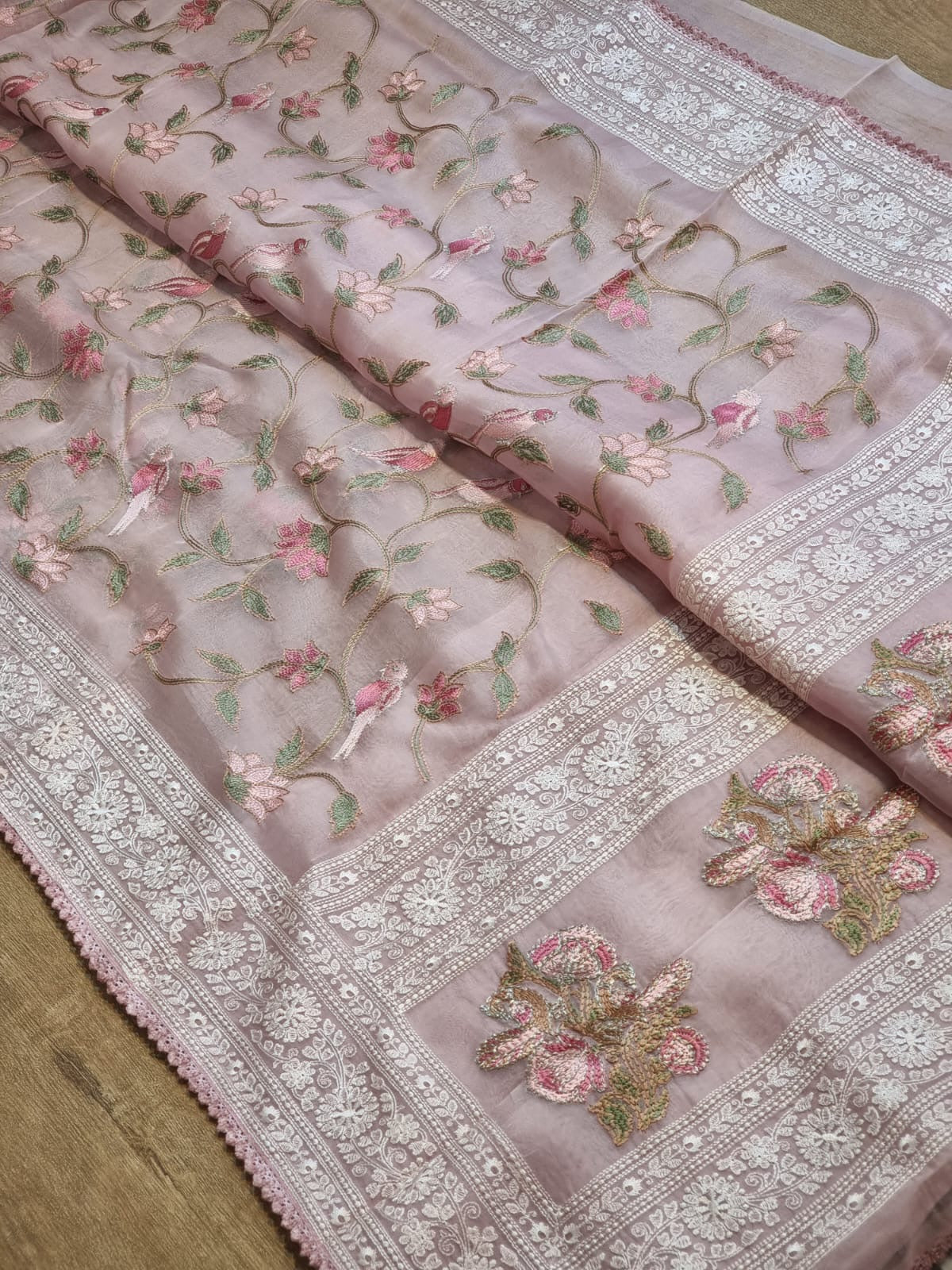Pure Organza Silk Saree With Katha Machine Chikankari , Border with velvet lace
