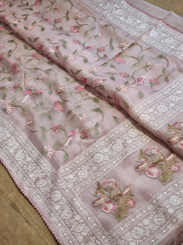 Pure Organza Silk Saree With Katha Machine Chikankari , Border with velvet lace