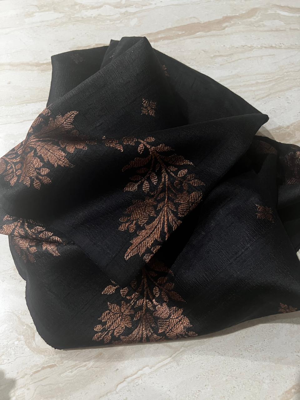 Beautiful Jet Black Dupion Raw Silk Banarasi Saree with Zari Weave All Over