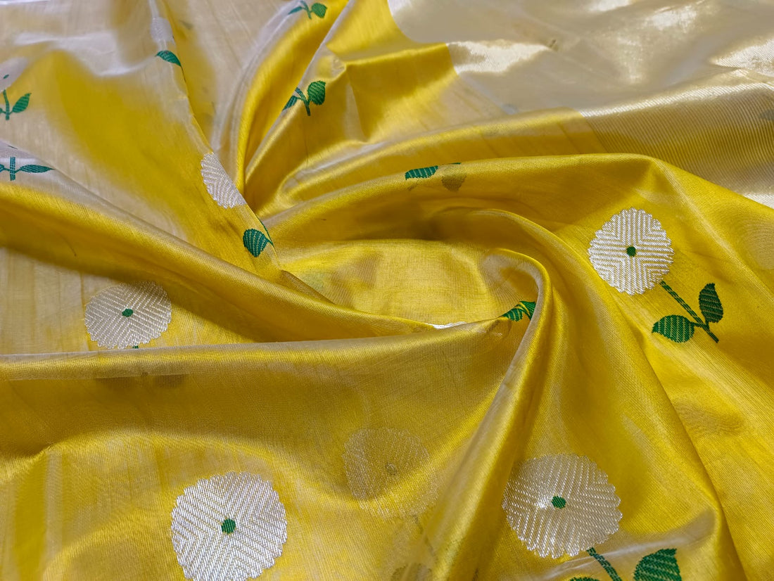 Beautiful Chanderi Pattu Silk Saree with silver zari and meenakari thread weave .