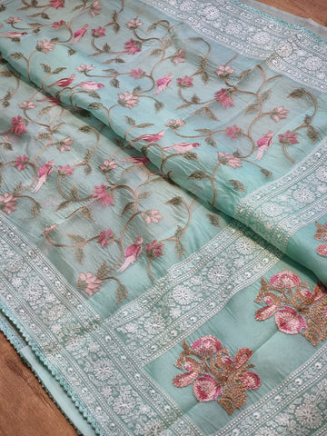 P ure Organza Silk Saree With Katha Machine Chikankari , Border with velvet lace