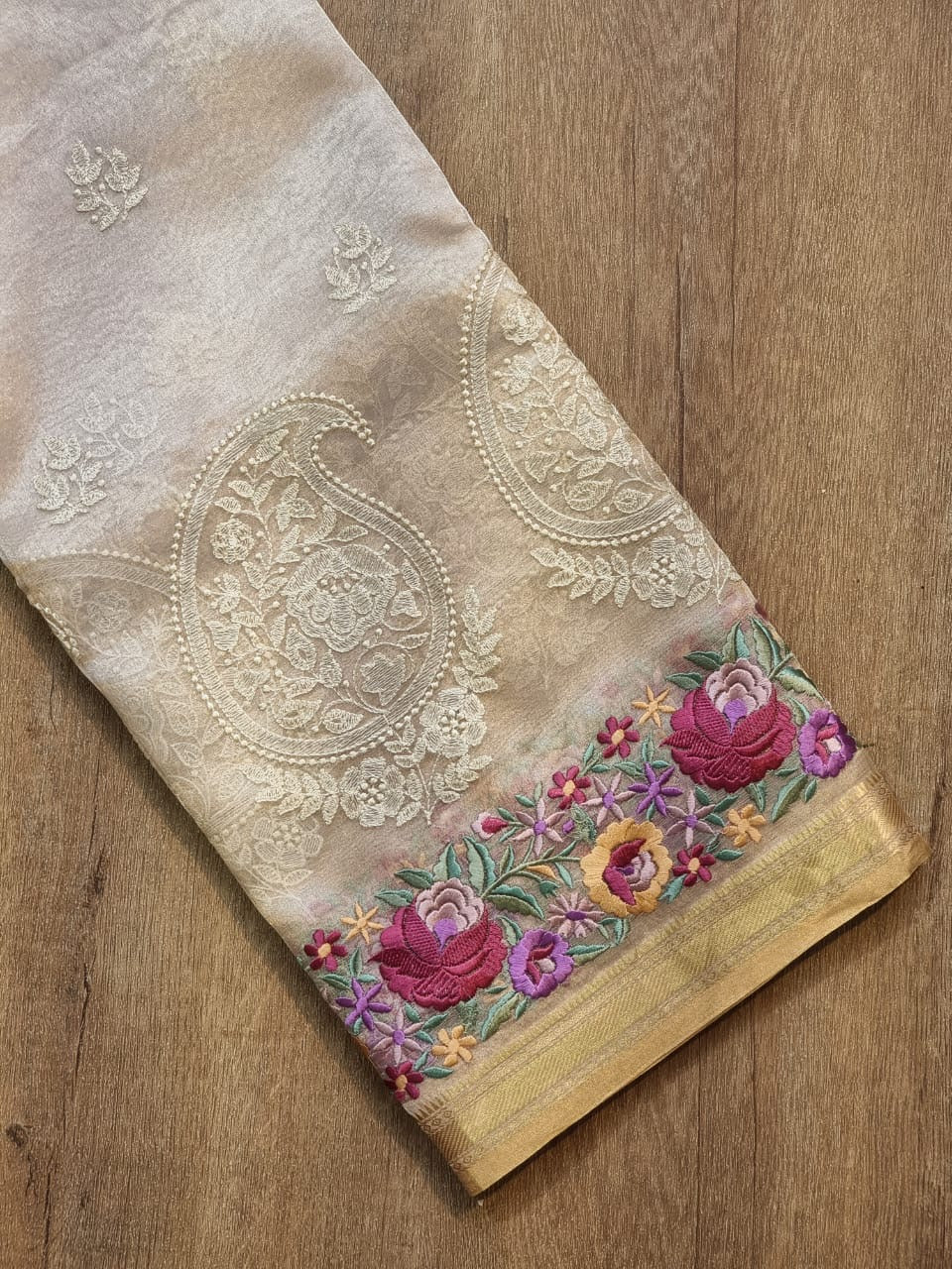 Pure Tissue Silk Parsi Border Chikankari Embroidery Saree