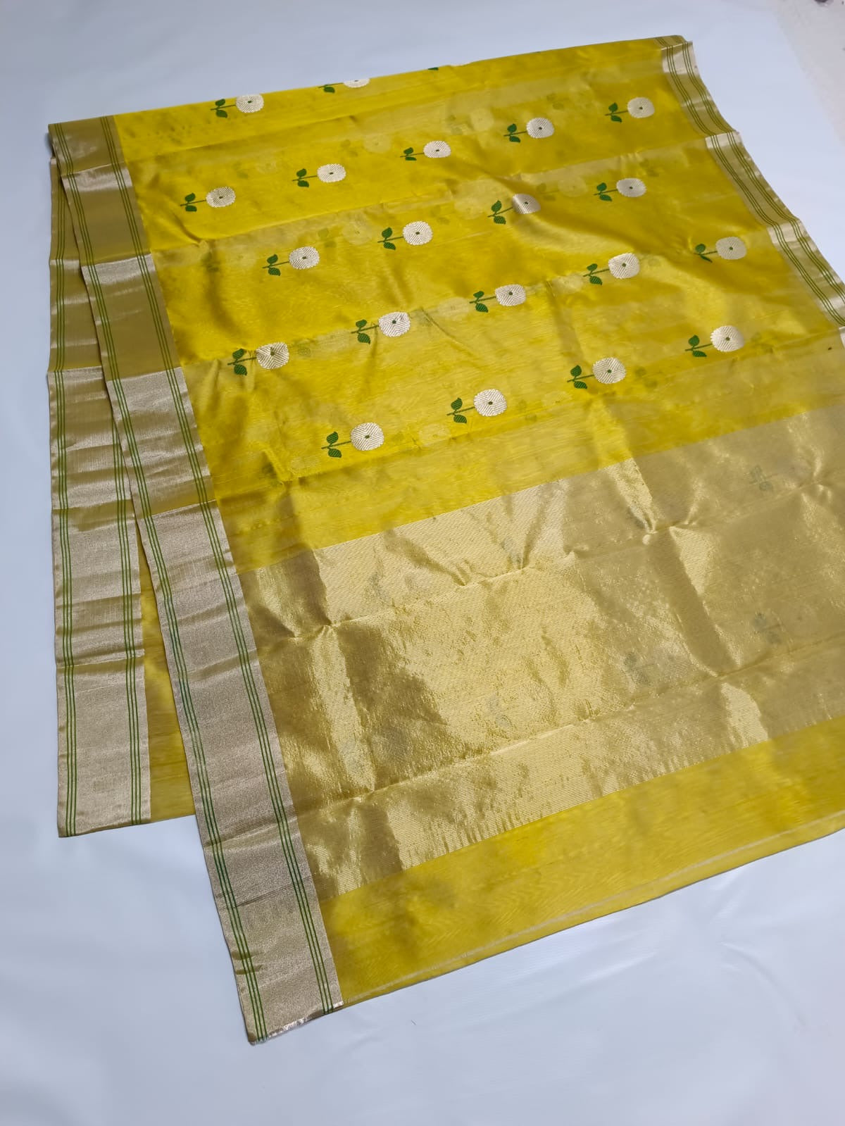 Beautiful Chanderi Pattu Silk Saree with silver zari and meenakari thread weave .