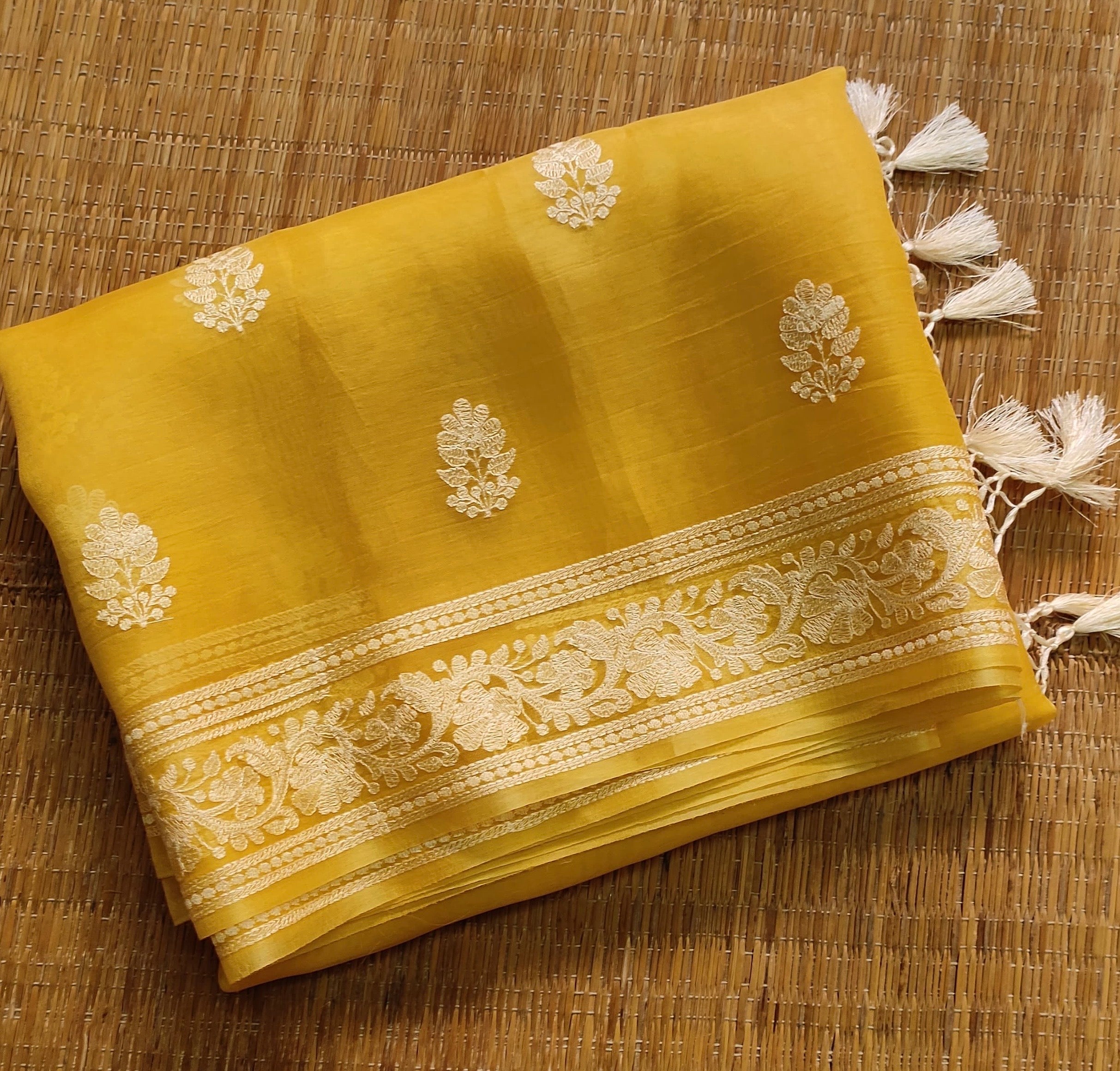 Pure Organza Silk Saree With Machine Embroidery Work All Over