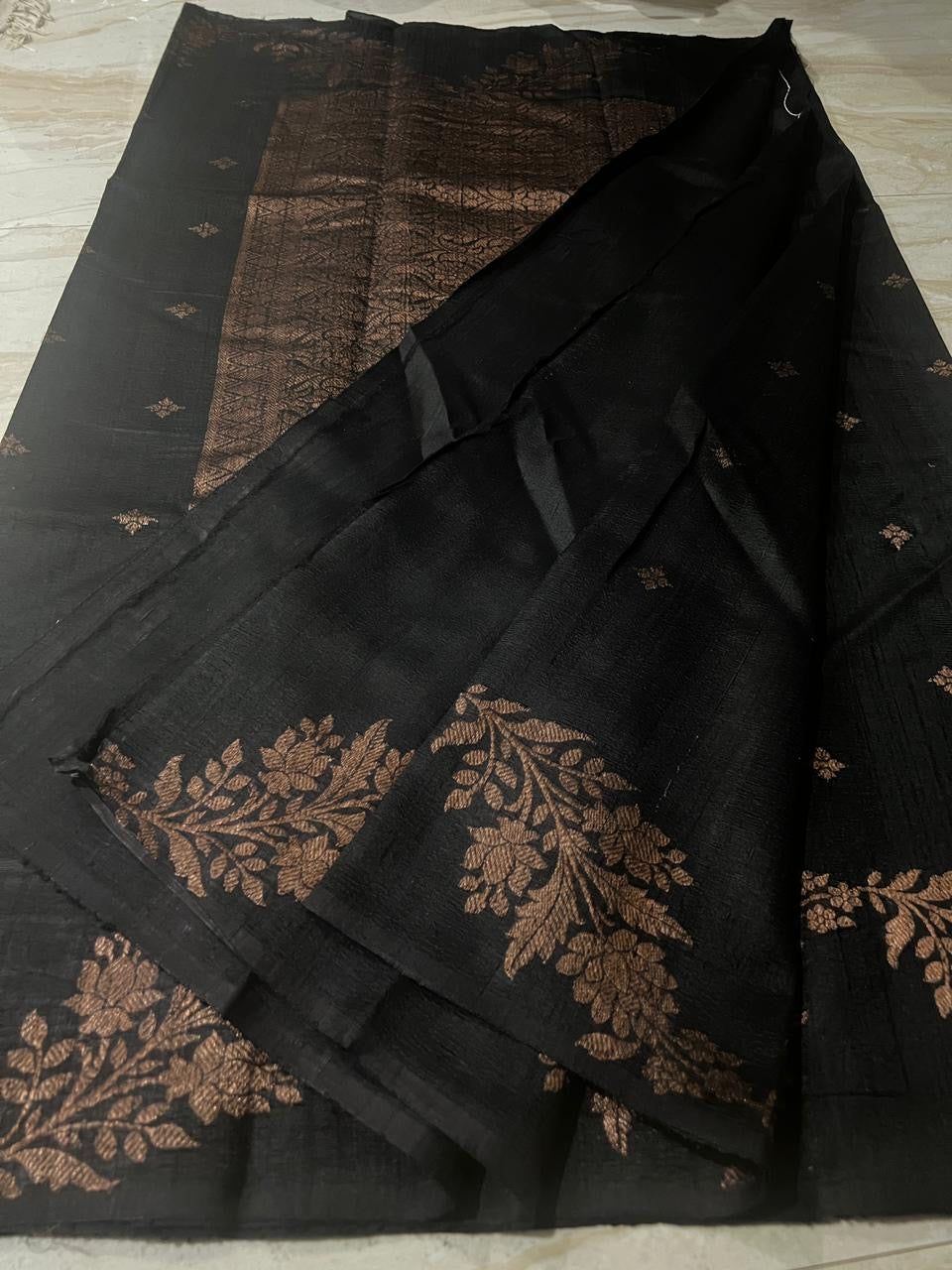 Beautiful Jet Black Dupion Raw Silk Banarasi Saree with Zari Weave All Over