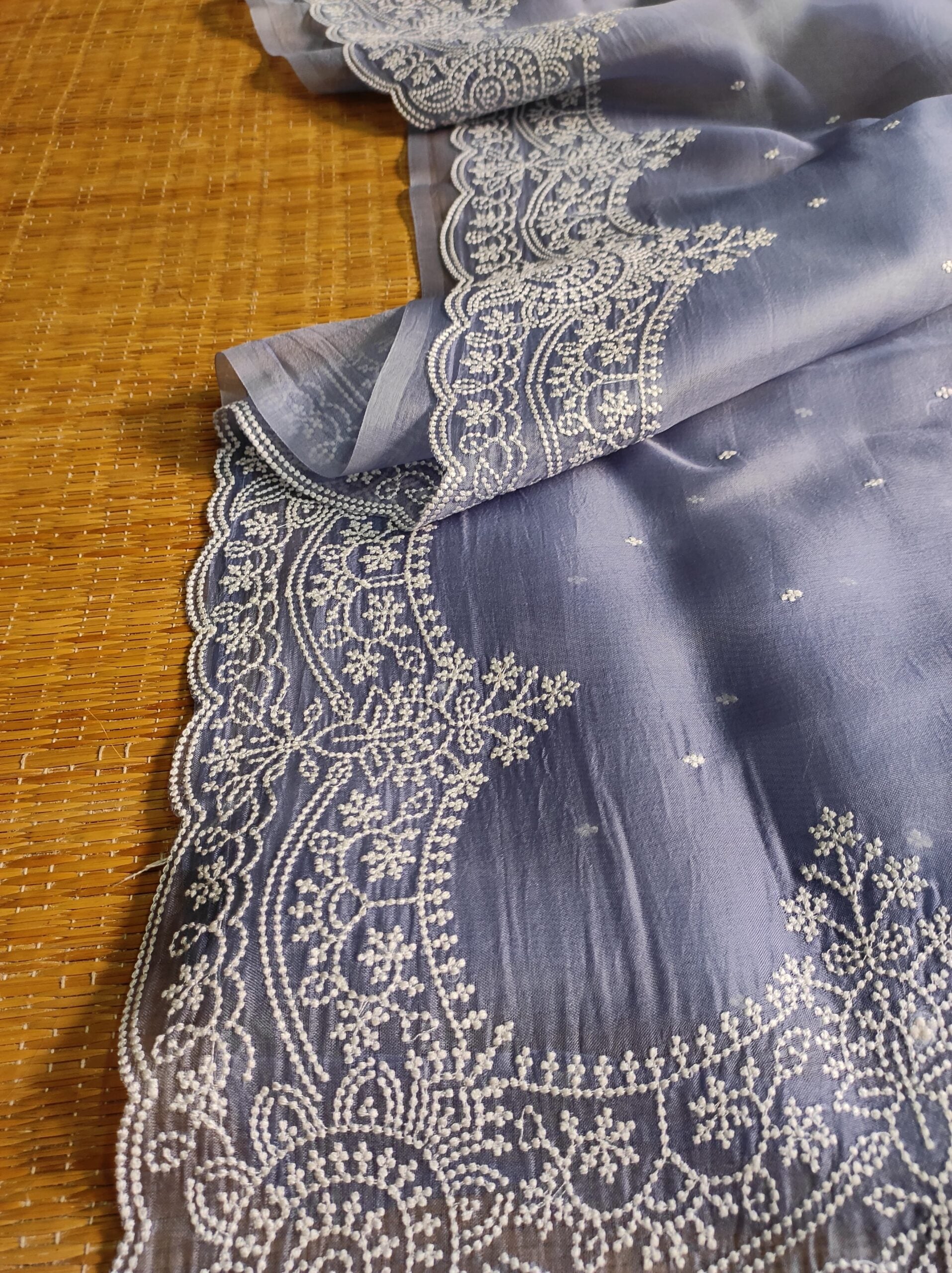 Pure Organza Silk Saree With Pearl Style Scallop Edging Embroidery Work All Over