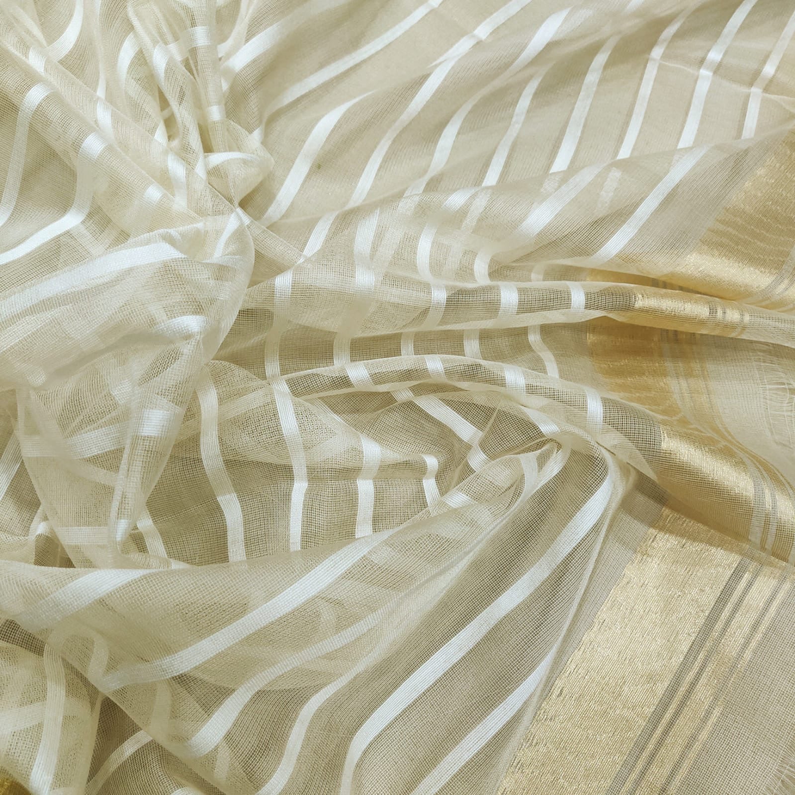 Pure Kora Net Banarasi Saree with White Resham Jaal & Bird Motifs
