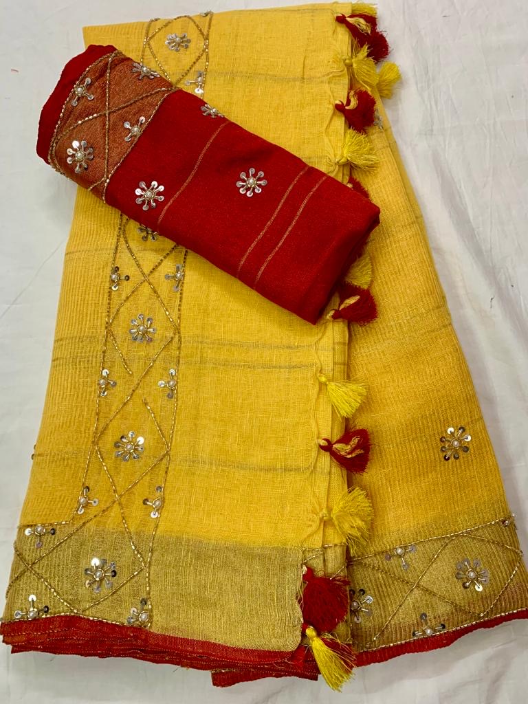 Linen By Linen Sequence Cut Dana Work Saree