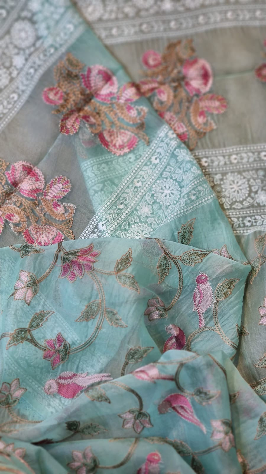P ure Organza Silk Saree With Katha Machine Chikankari , Border with velvet lace