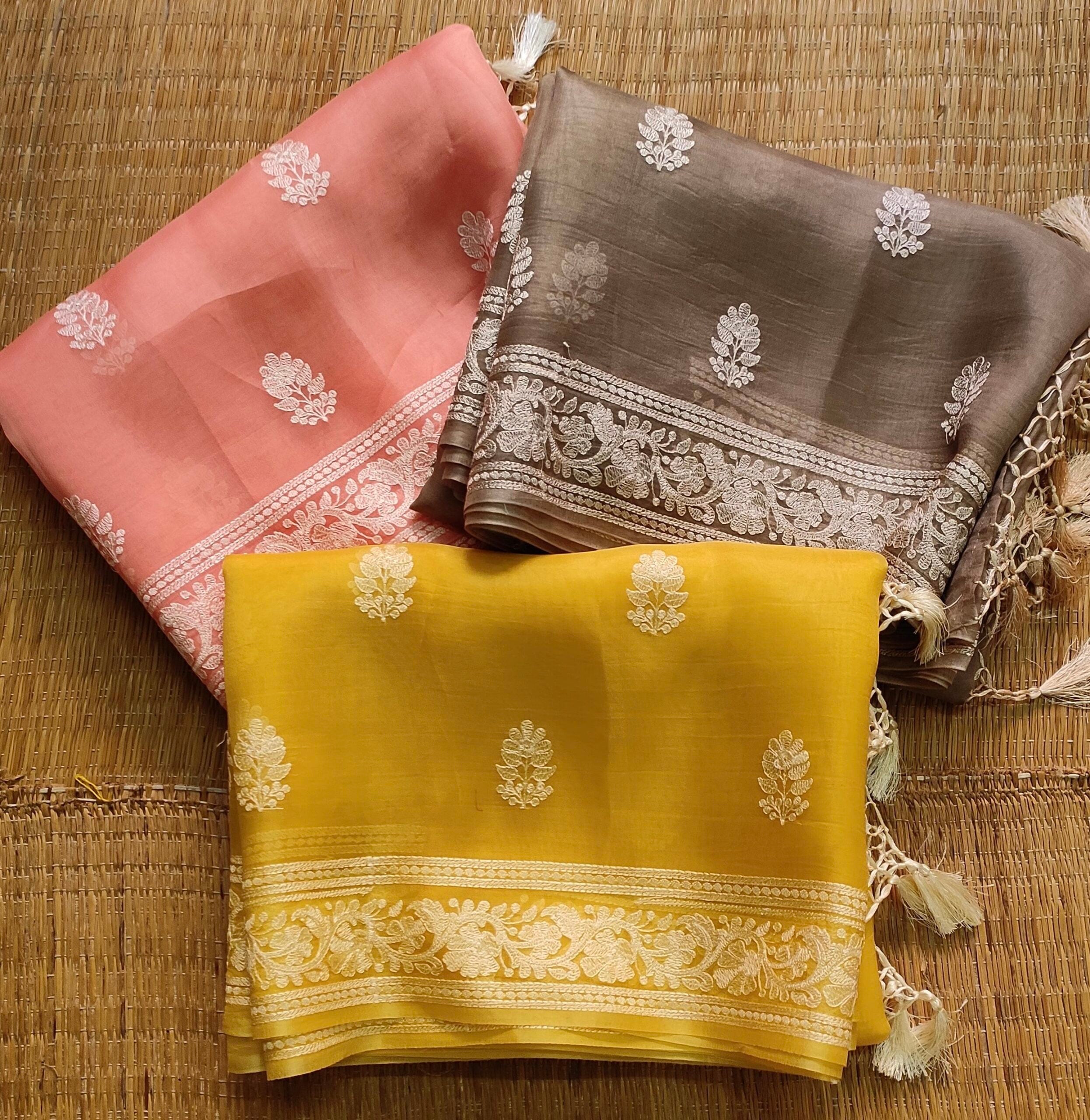 Pure Organza Silk Saree With Machine Embroidery Work All Over