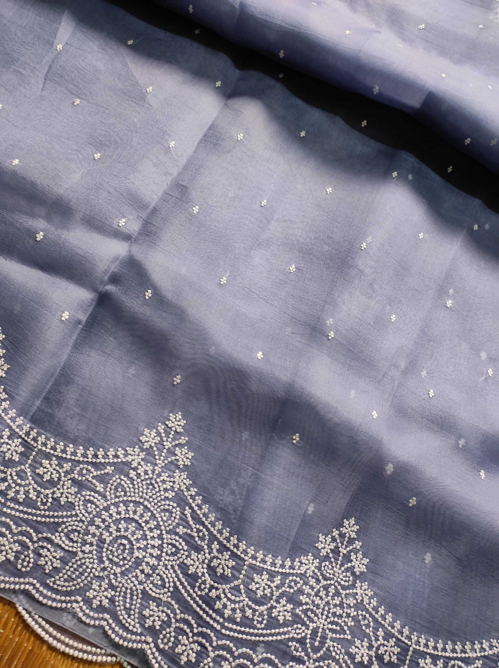 Pure Organza Silk Saree With Pearl Style Scallop Edging Embroidery Work All Over