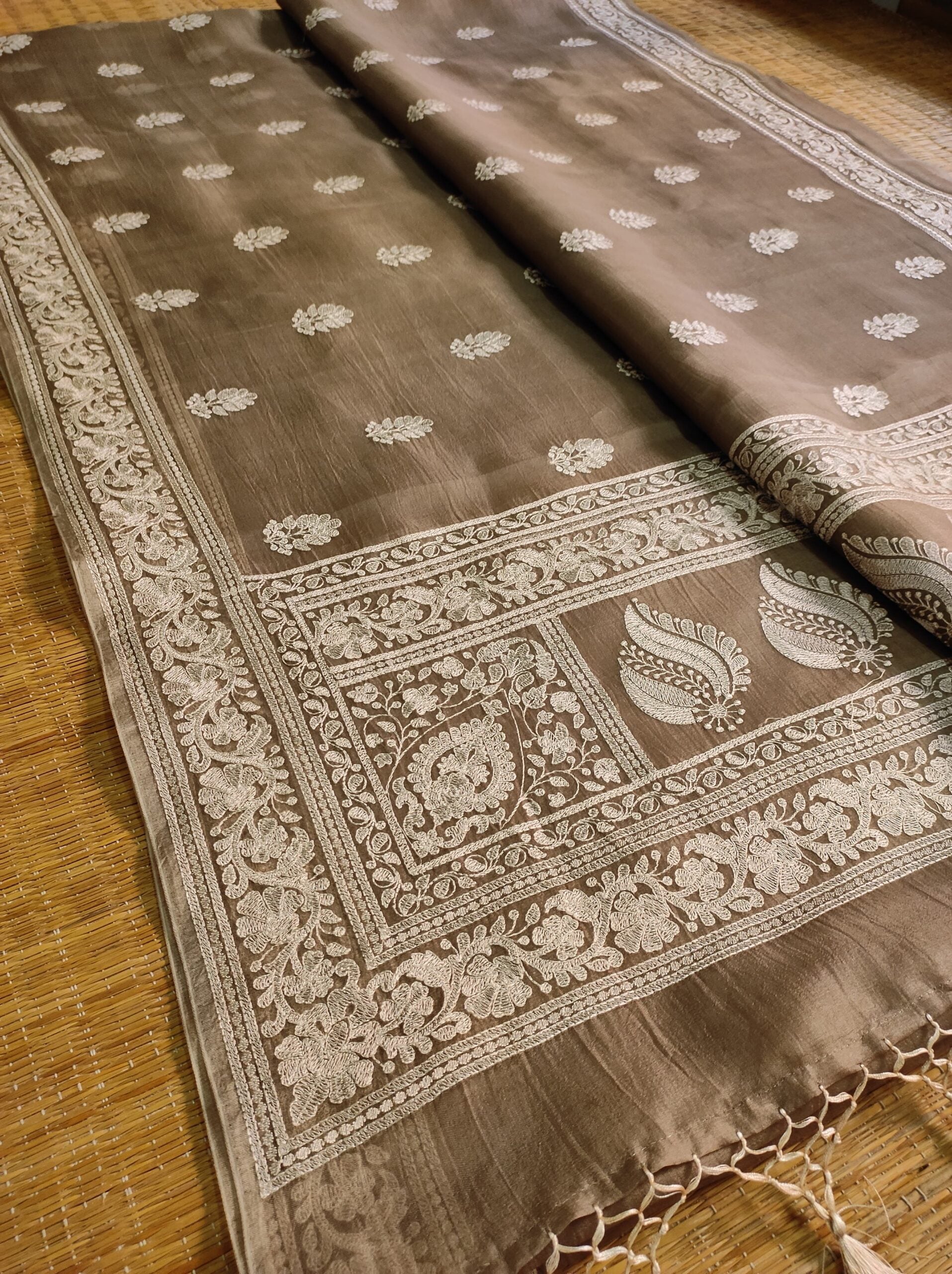 Pure Organza Silk Saree With Machine Embroidery Work All Over