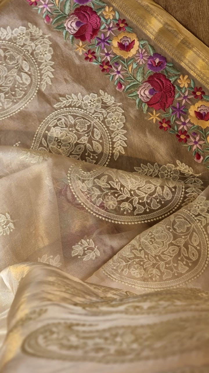 Pure Tissue Silk Parsi Border Chikankari Embroidery Saree