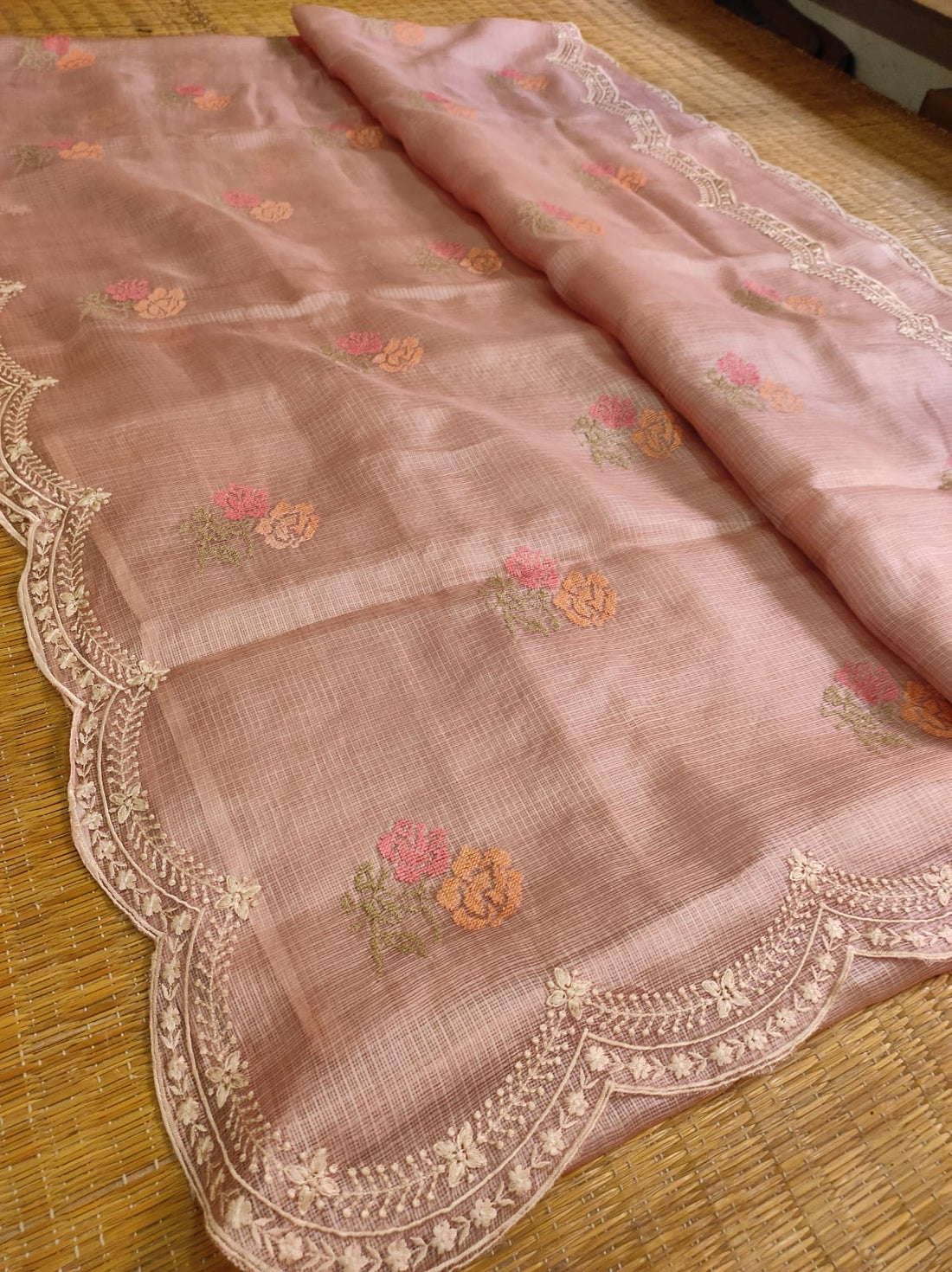 Pure Tussar Kota Silk Saree With Cross-Stitch Buta Embroidery All Over