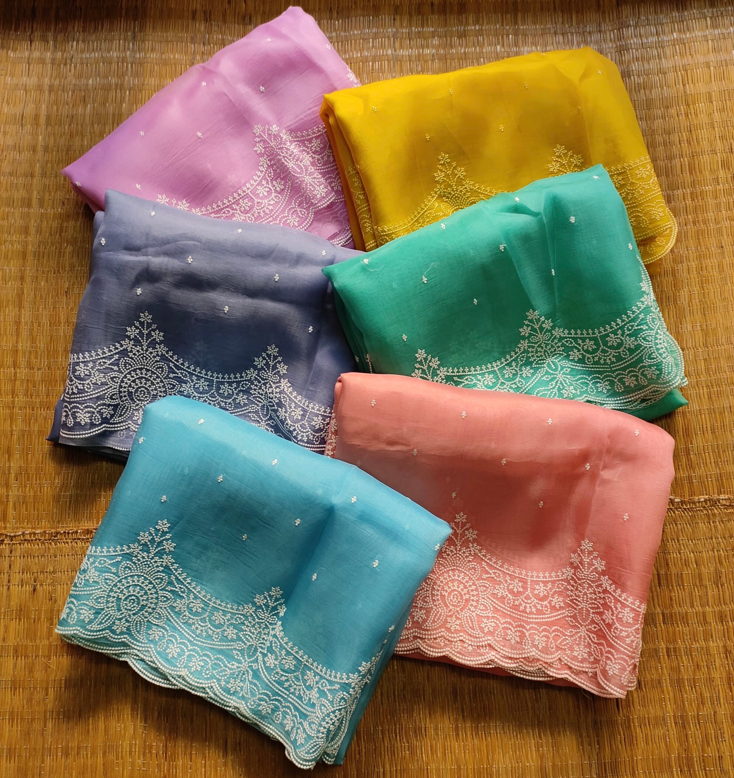 Pure Organza Silk Saree With Pearl Style Scallop Edging Embroidery Work All Over