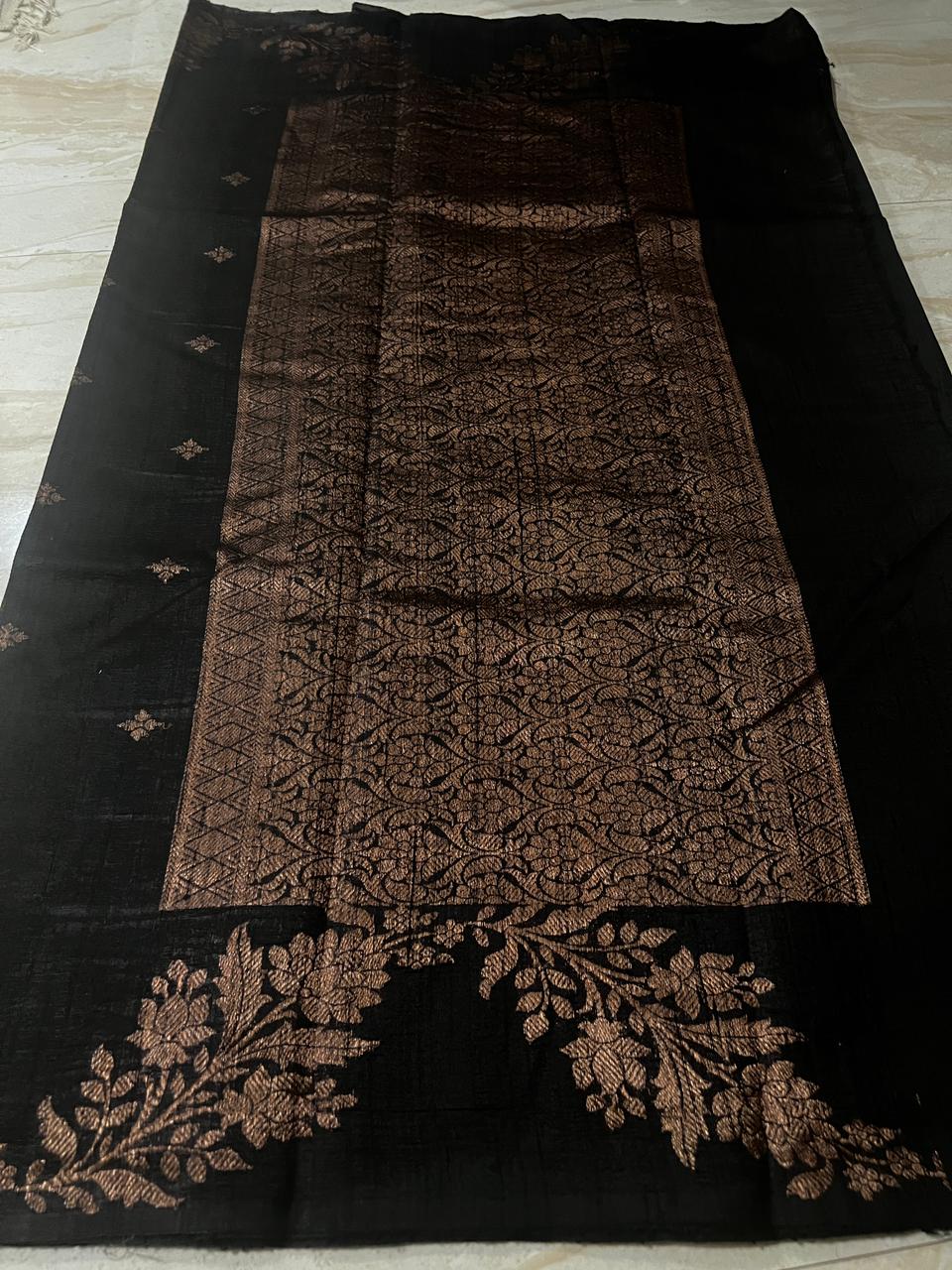 Beautiful Jet Black Dupion Raw Silk Banarasi Saree with Zari Weave All Over