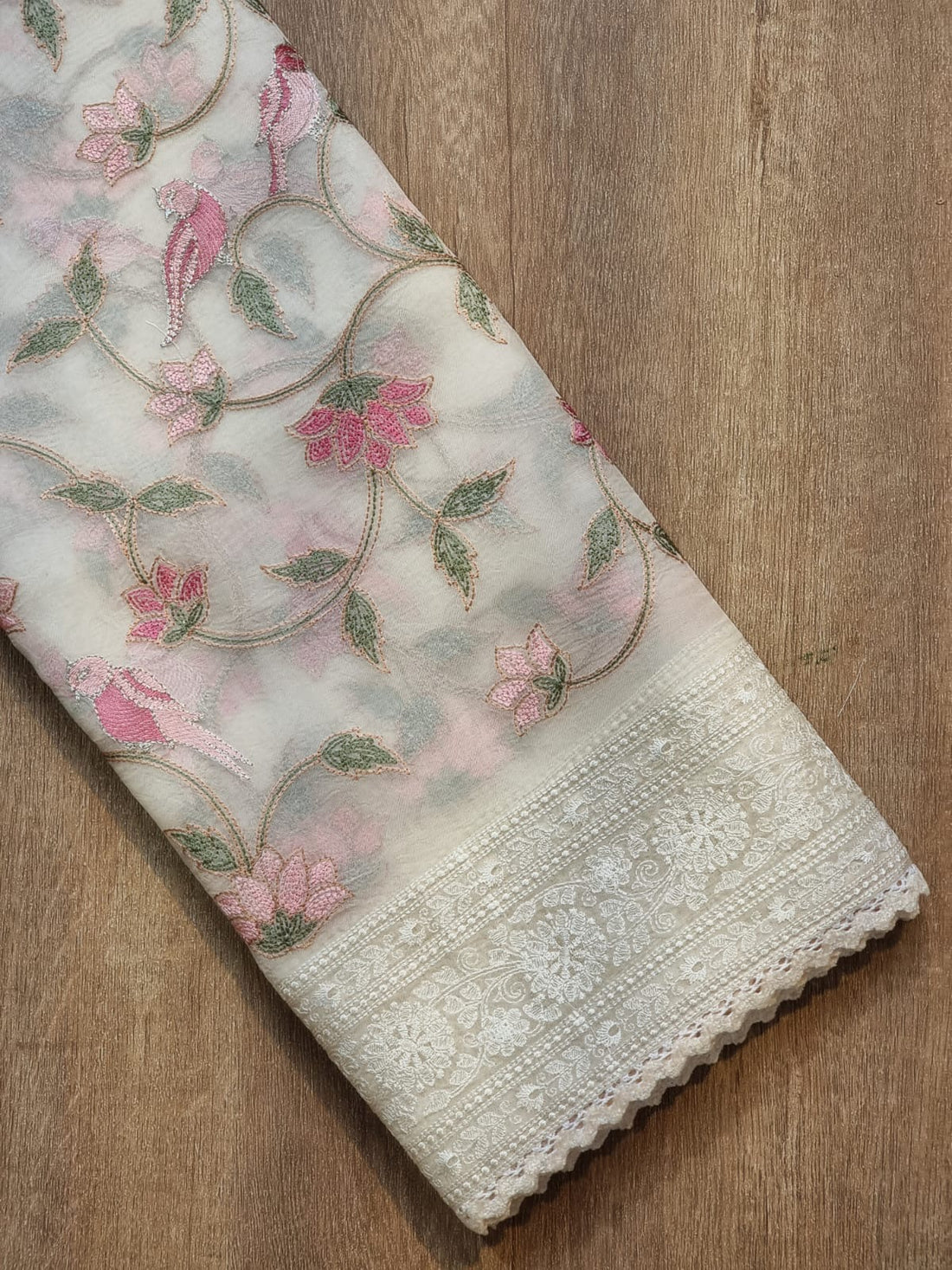 Pure Organza Silk Saree With Katha Machine Chikankari , Border with velvet lace