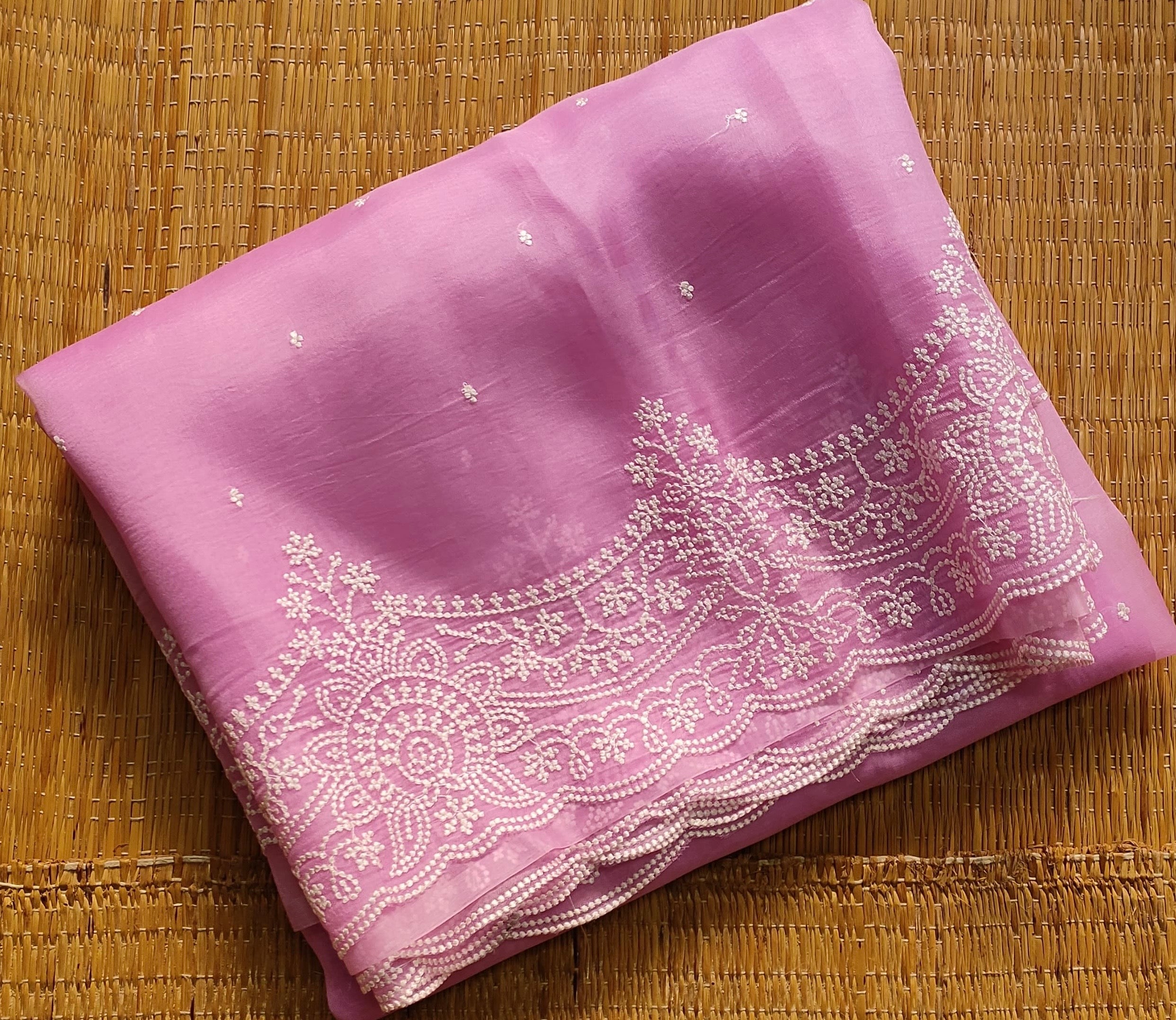Pure Organza Silk Saree With Pearl Style Scallop Edging Embroidery Work All Over