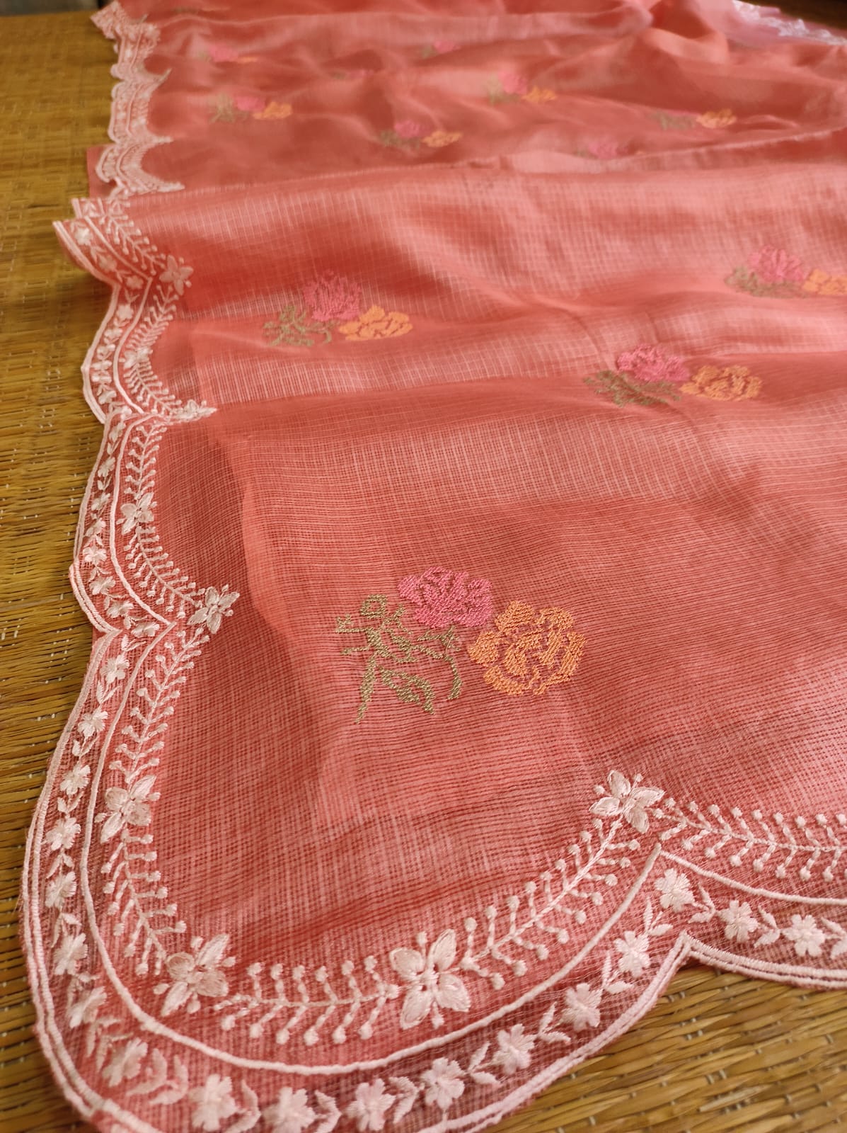 Pure Tussar Kota Silk Saree With Cross-Stitch Buta Embroidery All Over