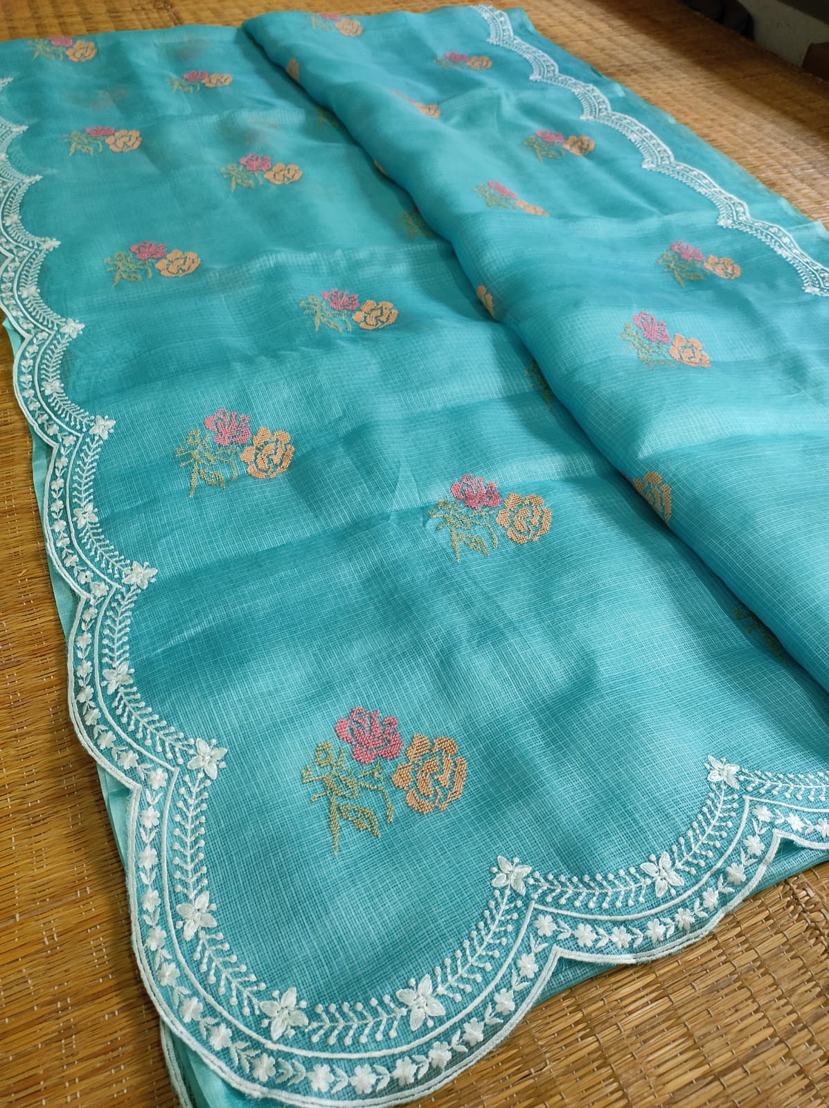 Pure Tusser Kota Silk Saree With Cross-Stitch Buta Embroidery All Over