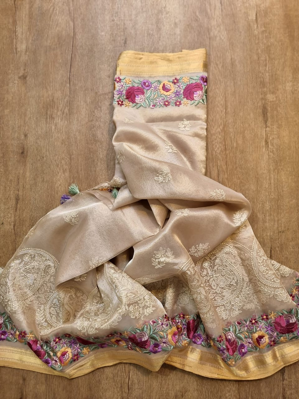 Pure Tissue Silk Parsi Border Chikankari Embroidery Saree