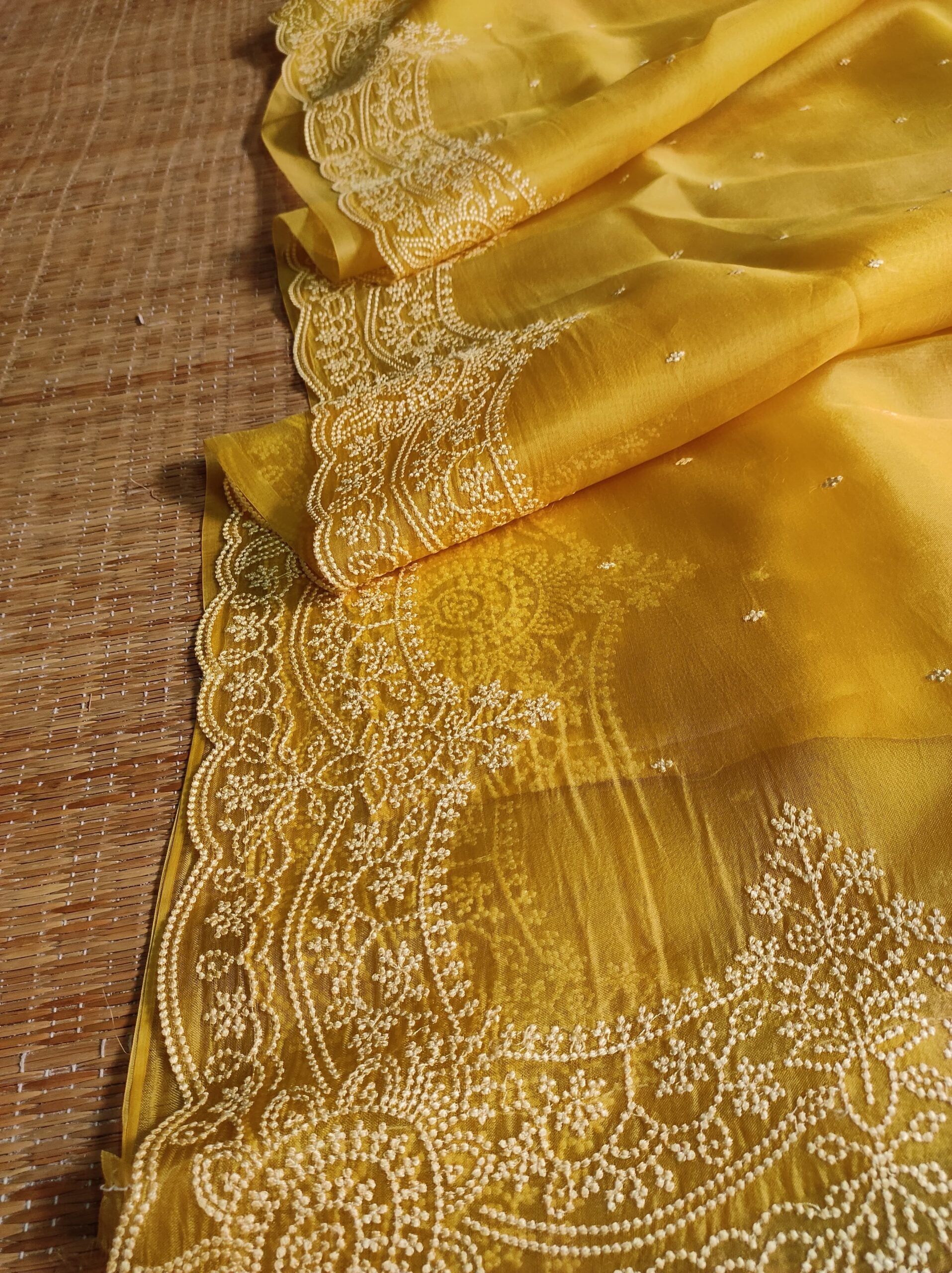 Pure Organza Silk Saree with Pearl Style Scallop Edging Embroidery Work All Over