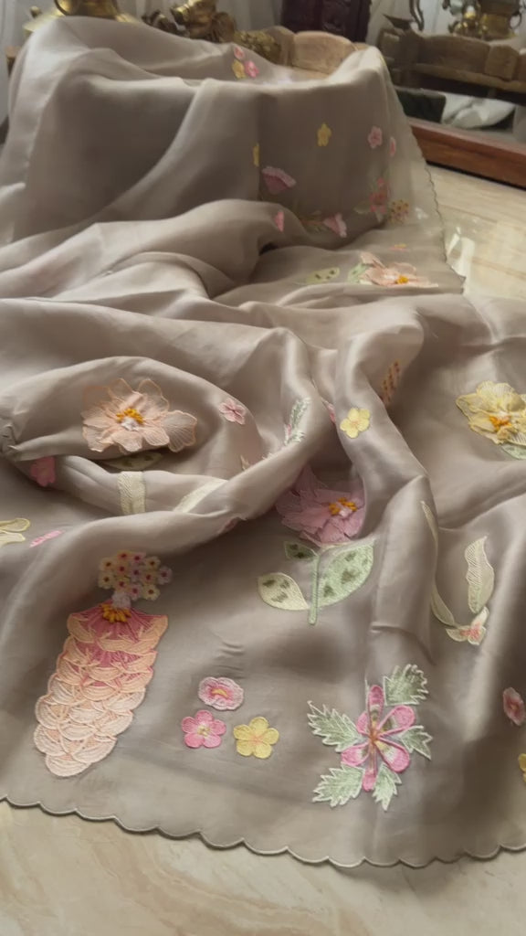 Organza Silk Saree With Appliqué Work With Embroidery