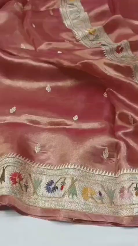 Pure Banarasi Soft Tissue Silk Saree With Paithani Border Embroidery