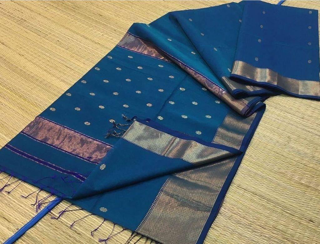 Shop Elegant Blue Maheshwari Silk Cotton Handloom Saree Online