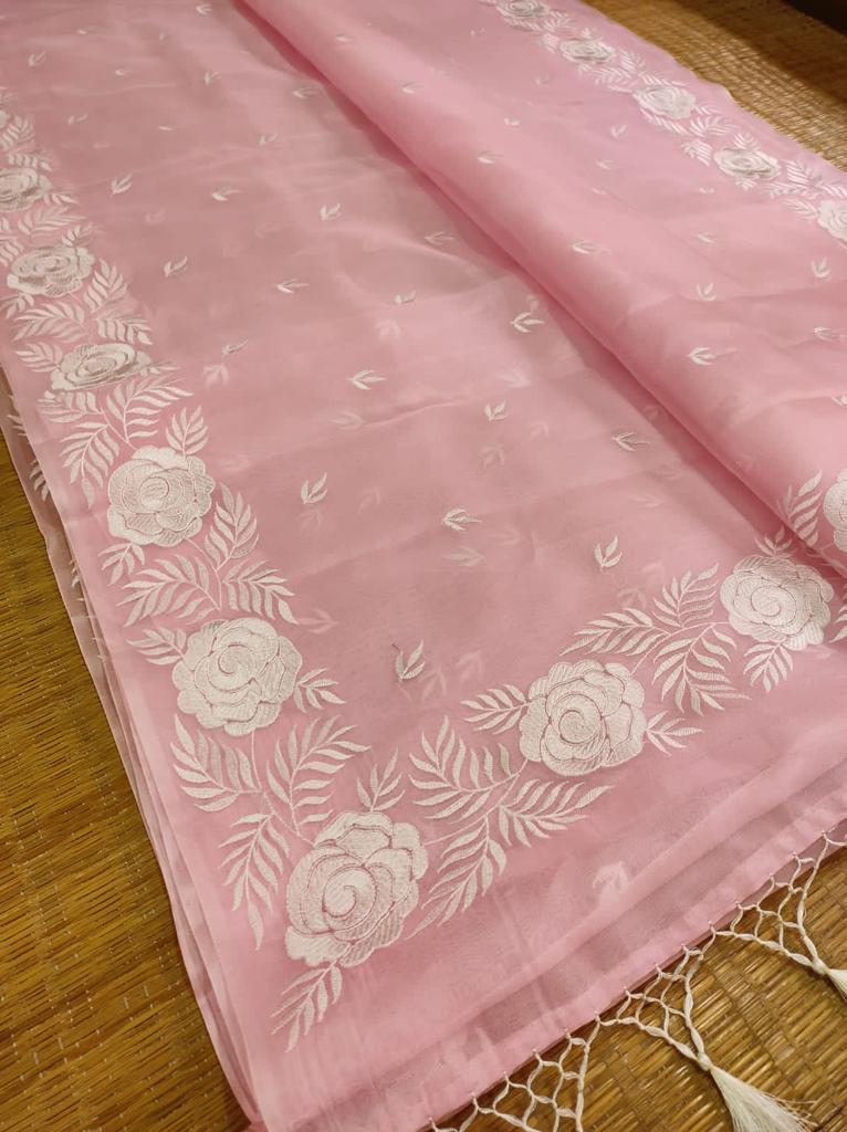 Light Peach Organza Saree With Floral Embroidery Ribbon Work